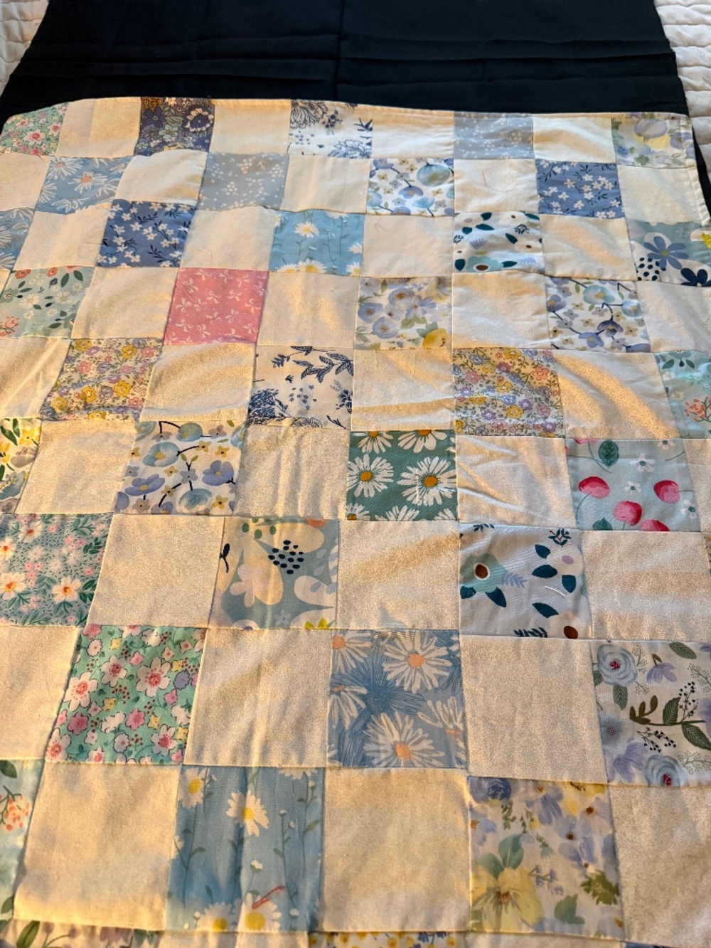 lap quilt cotton front/flannel back 33x28 mostly blue